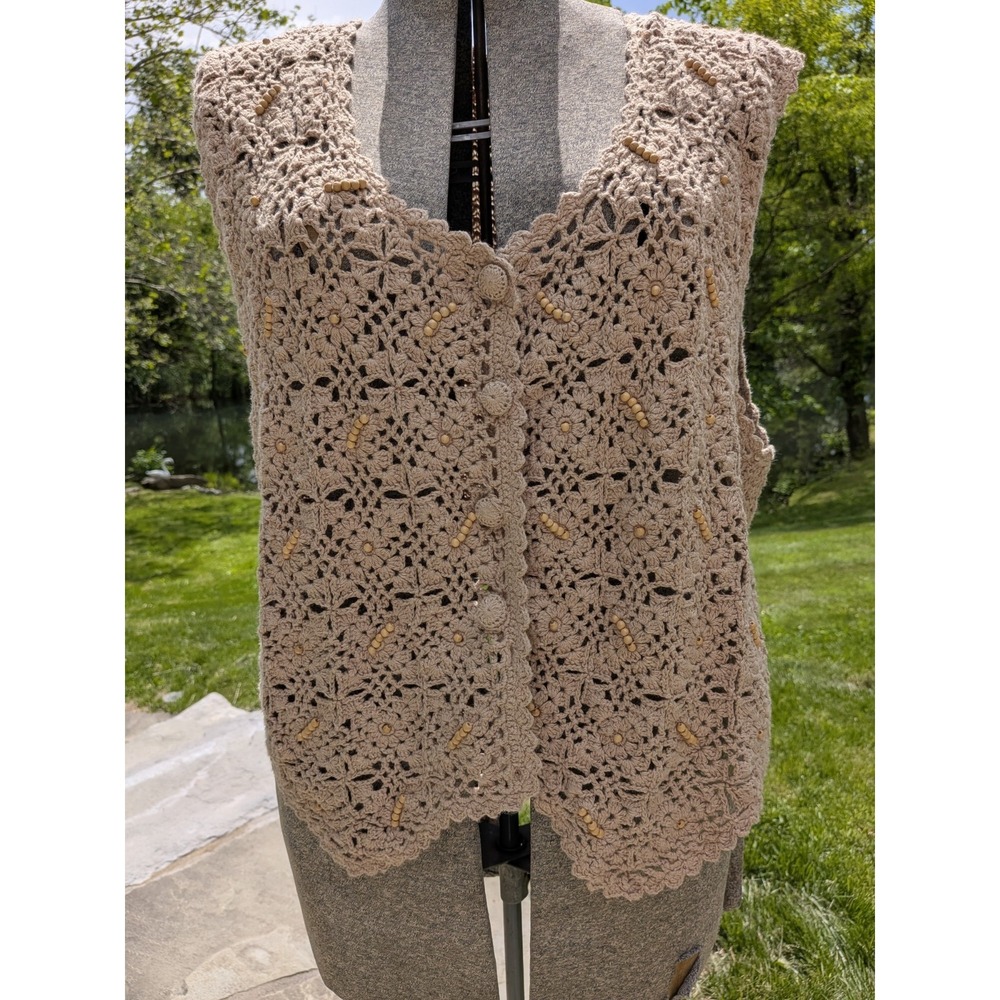 Hunt Club Womens XL Crochet Sweater Vest Cottagecore Grannycore Boho Ramie Knit